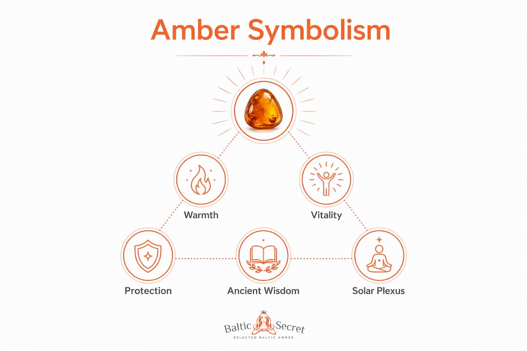 Infographic illustrating amber gemstone's key symbolic meanings