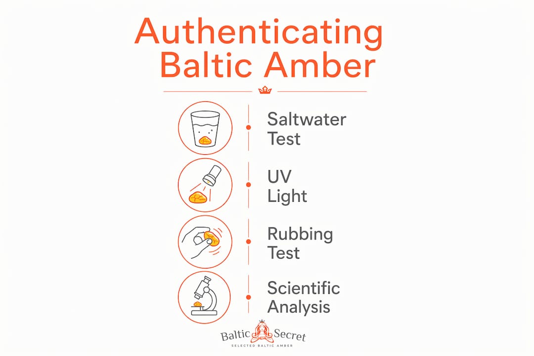 Infographic illustrating Baltic amber authenticity test steps
