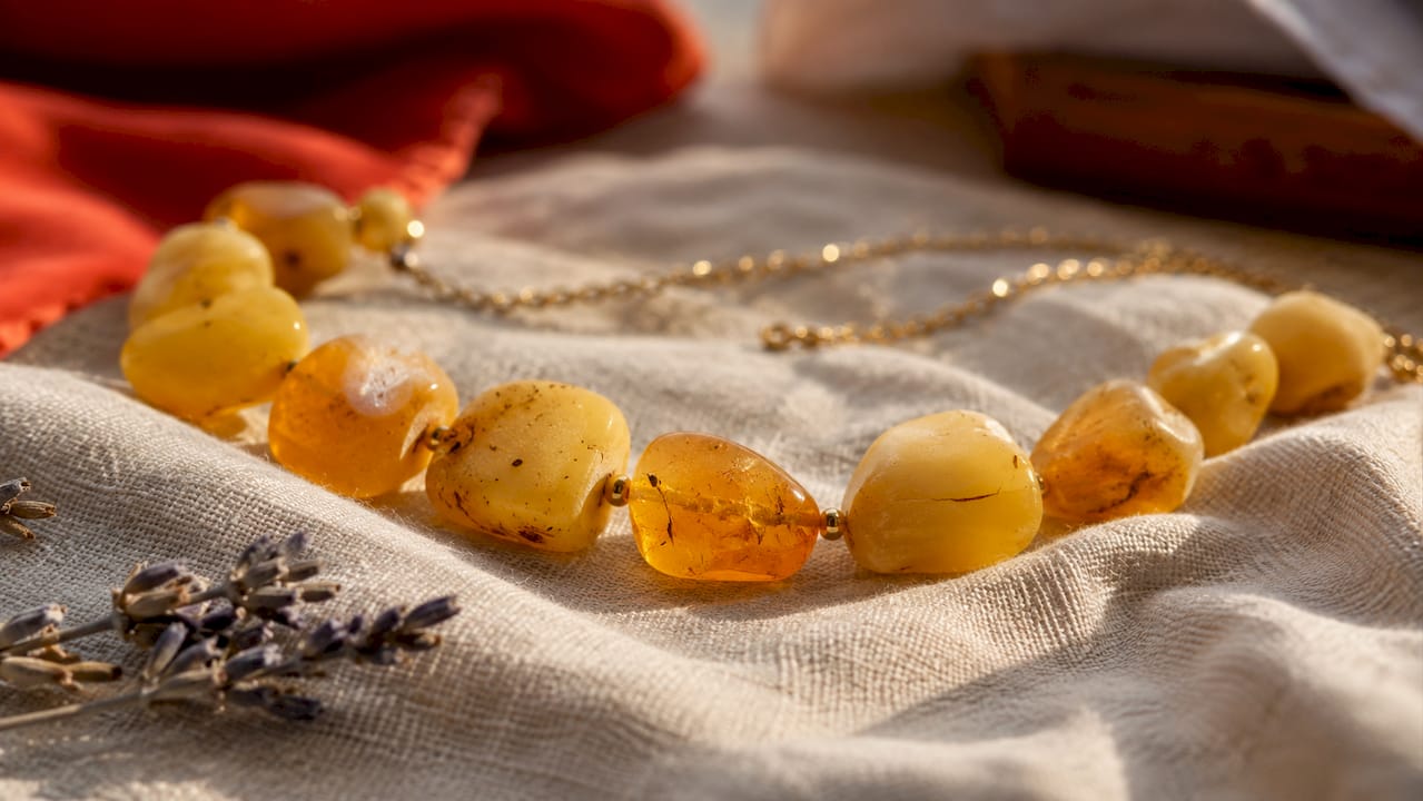 Close-up of butterscotch amber bead necklace