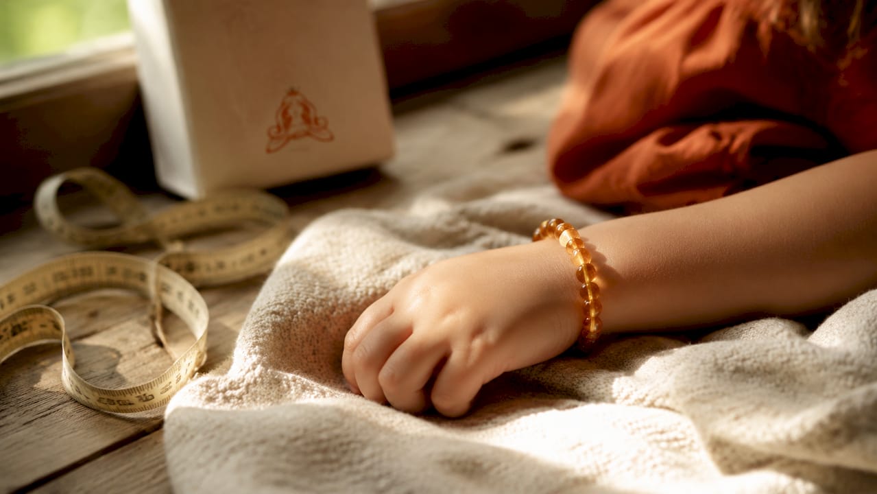 Infant wrist with adjustable amber bracelet and measuring tape