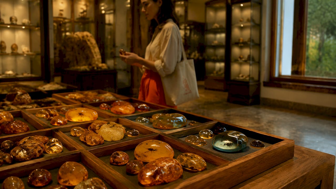 Display of assorted Baltic and Dominican amber with visible fossils