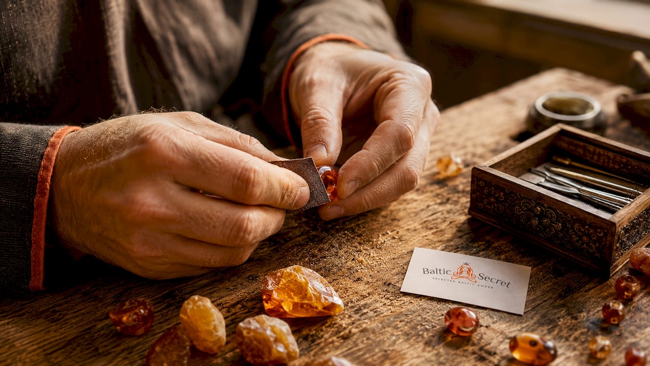 Close-up of hands sanding amber bead curves