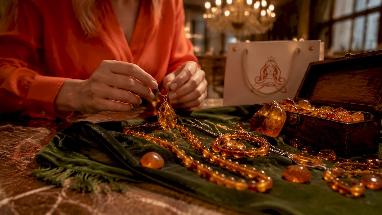 Amber jewelry with folk medicine book on rustic table