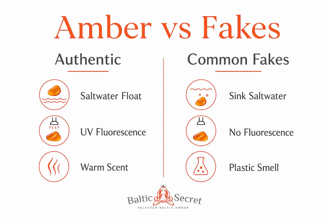 Infographic comparing tests for authentic and fake Baltic amber