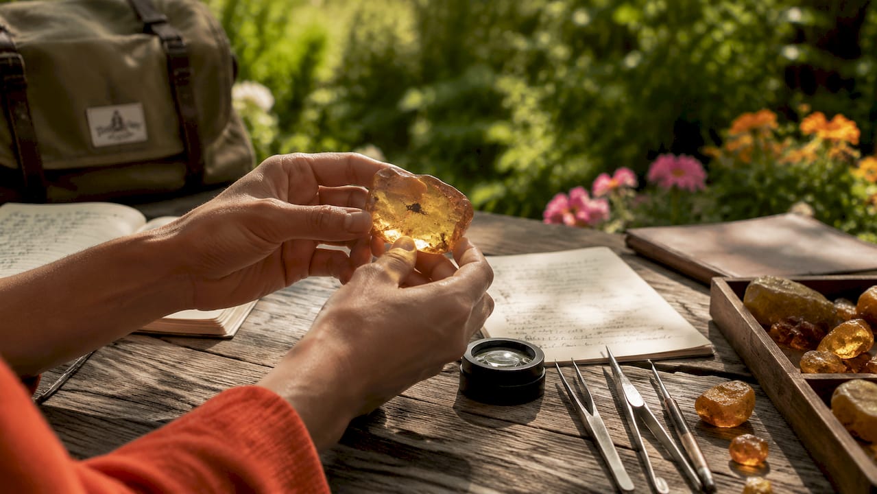Hands inspecting amber with insect inclusion