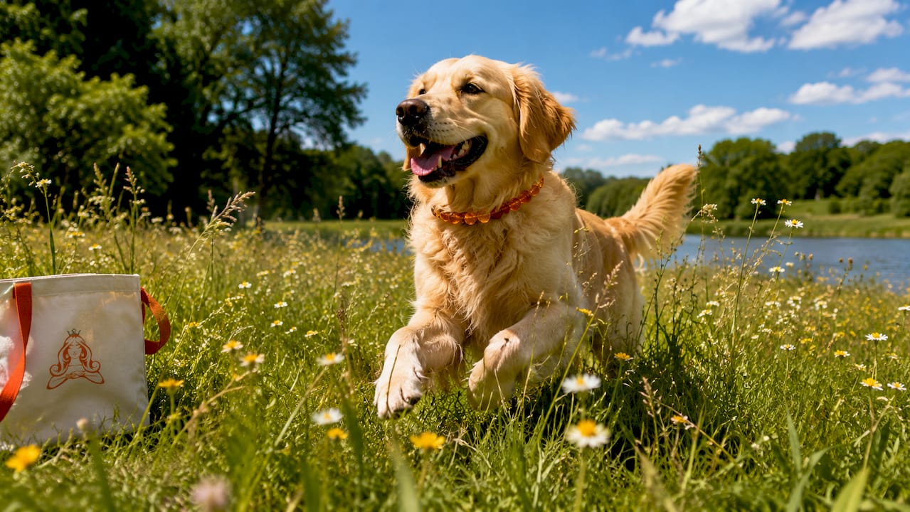 Dog wearing raw amber flea collar outdoors