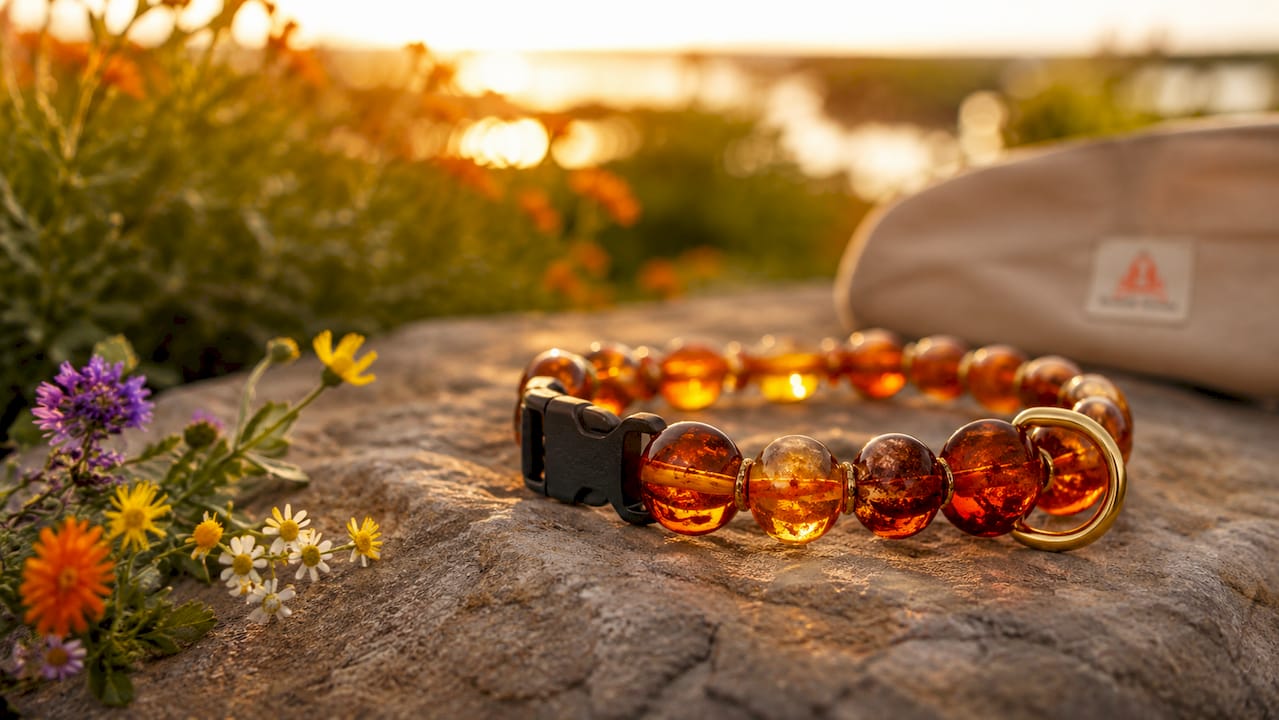 Close-up of natural Baltic amber dog collar beads