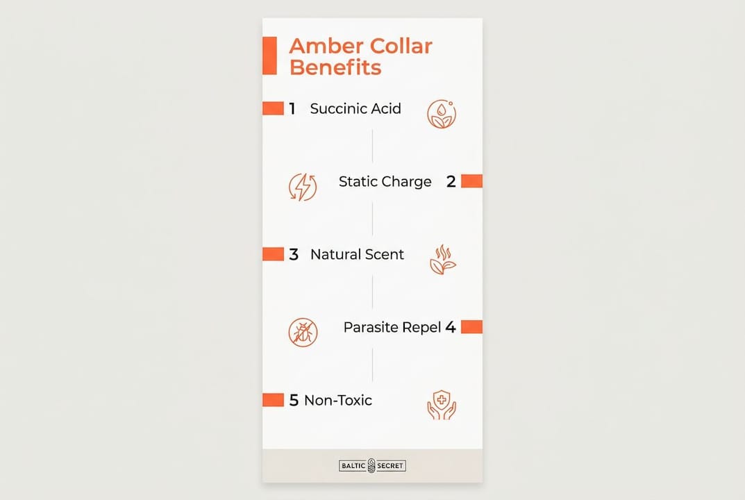Infographic highlighting key benefits of Baltic amber dog collars
