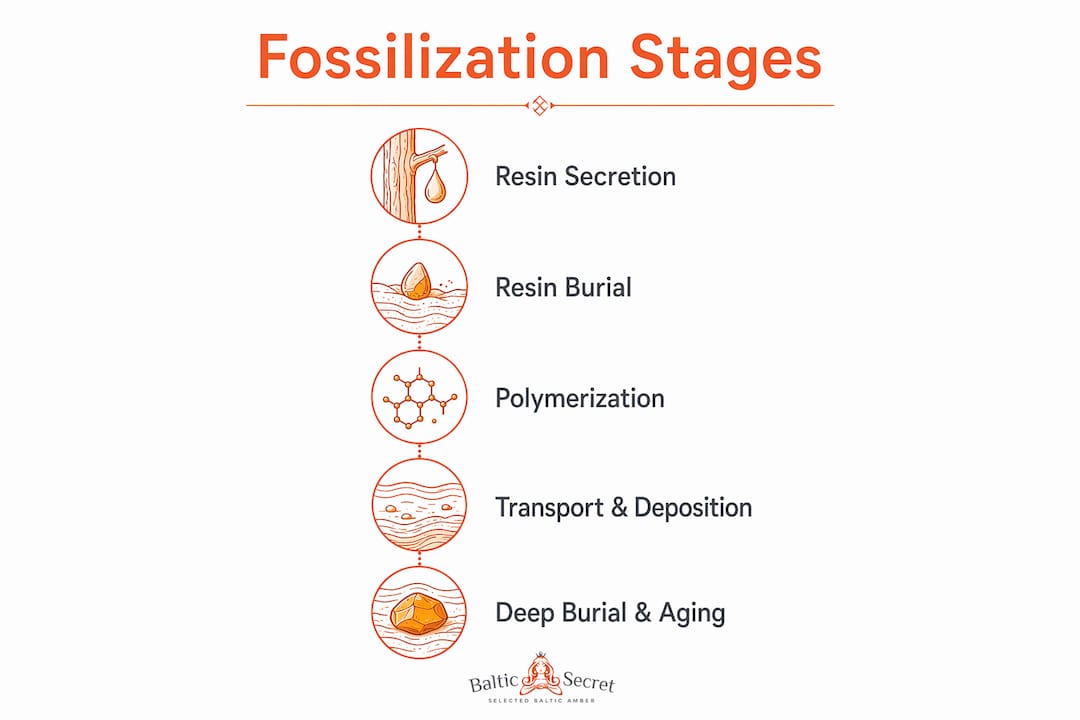 Infographic outlining Baltic amber fossilization stages