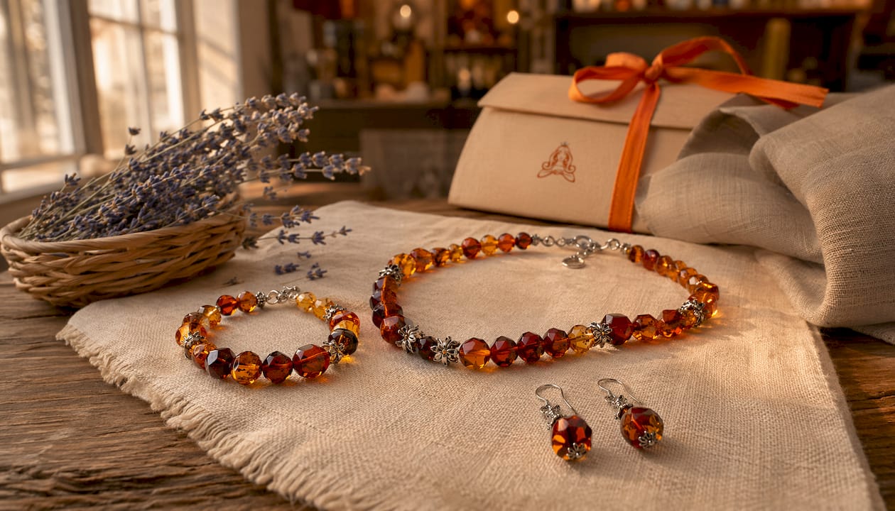 Amber necklace, bracelet, and earrings on linen cloth