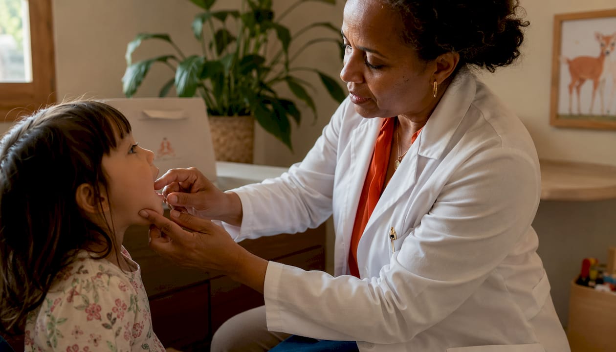 Pediatrician demonstrating gum massage technique