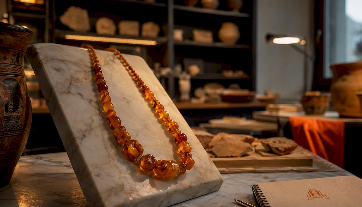 Amber necklace in Egyptian museum display case