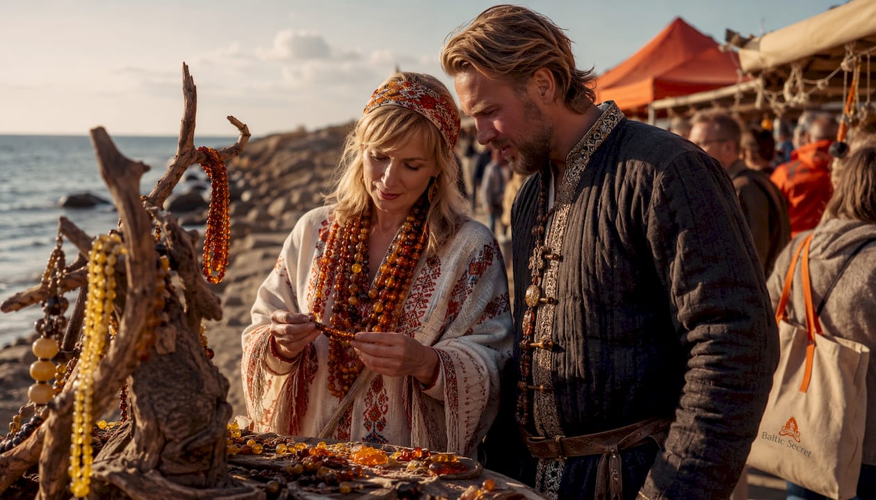 Slavic woman and Nordic man at amber jewelry market