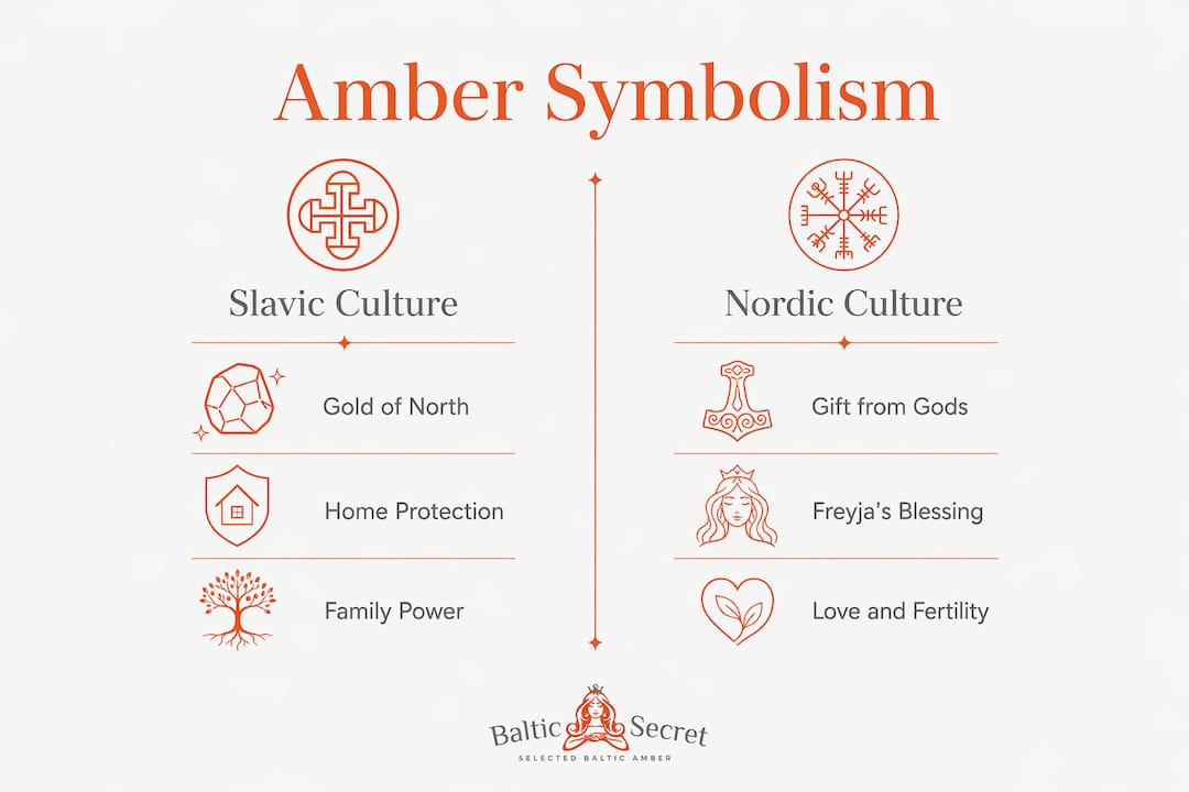 Infographic comparing amber symbolism in Slavic and Nordic cultures