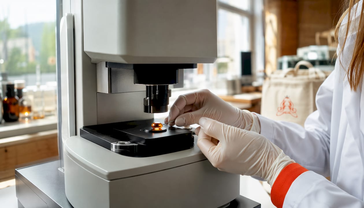 Lab technician handling amber sample for FTIR testing