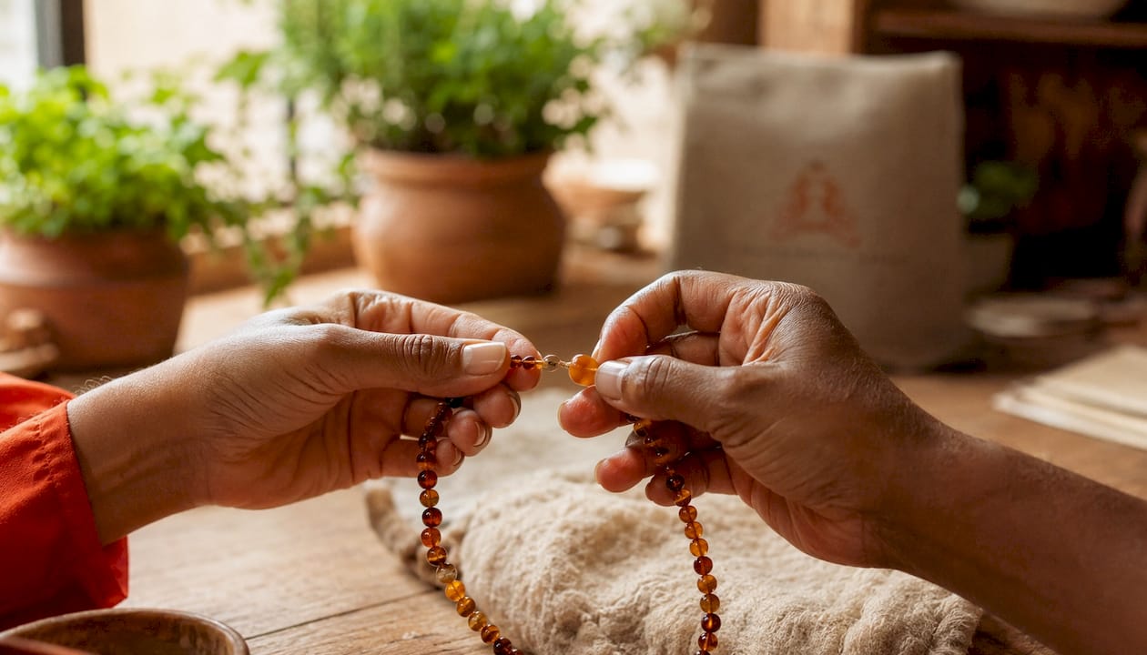 Hands testing amber necklace clasp strength