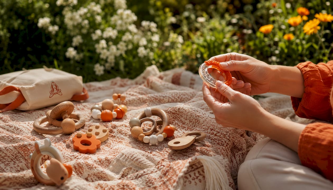 Safe teething toys and chilled ring on nursery table