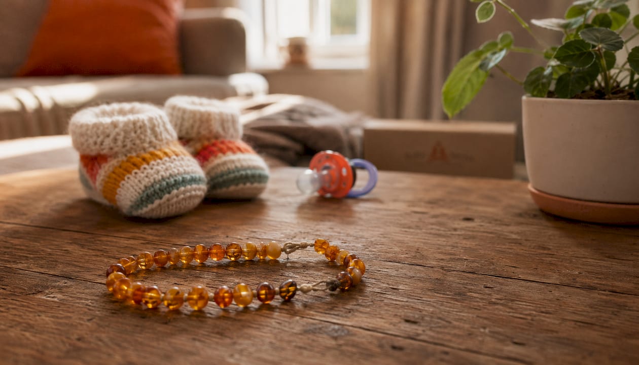 Broken amber teething bracelet on changing pad