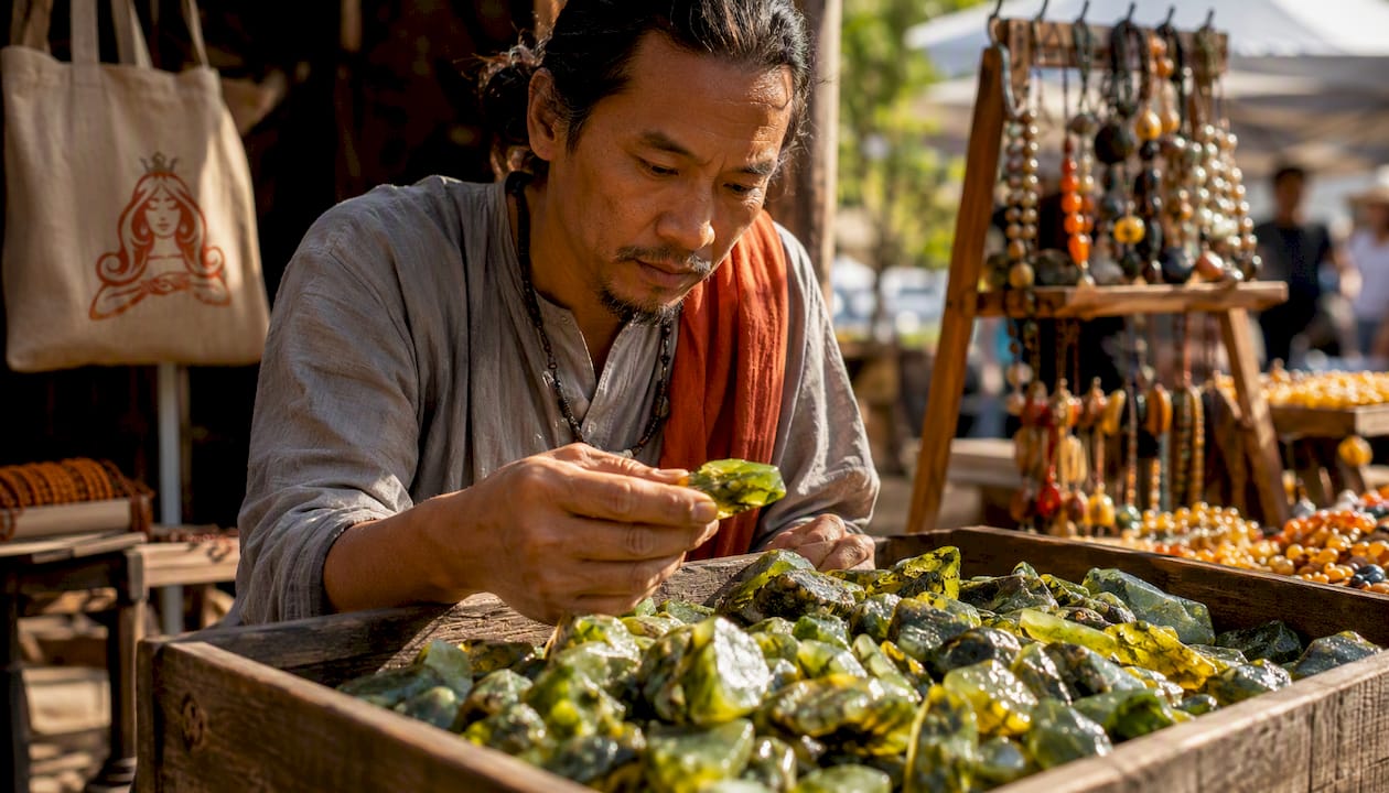 Craftsman examining green amber pieces in workshop