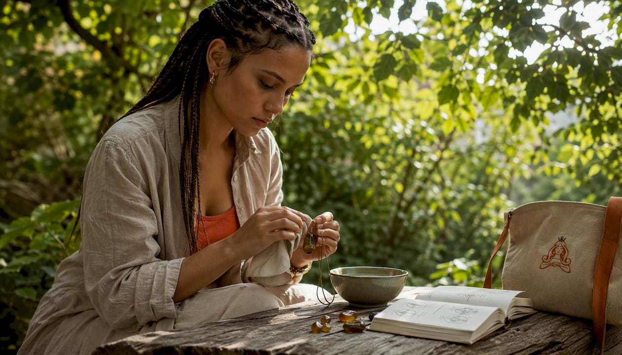 Woman cleaning raw green amber pendant at home