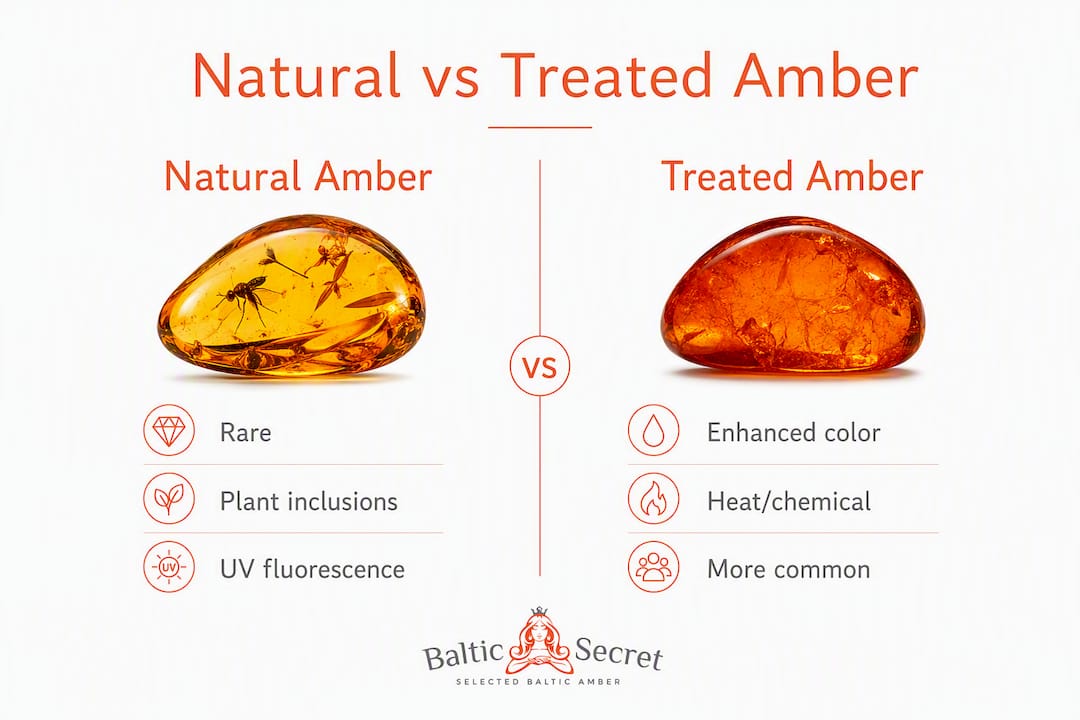 Infographic showing comparison natural versus treated green amber