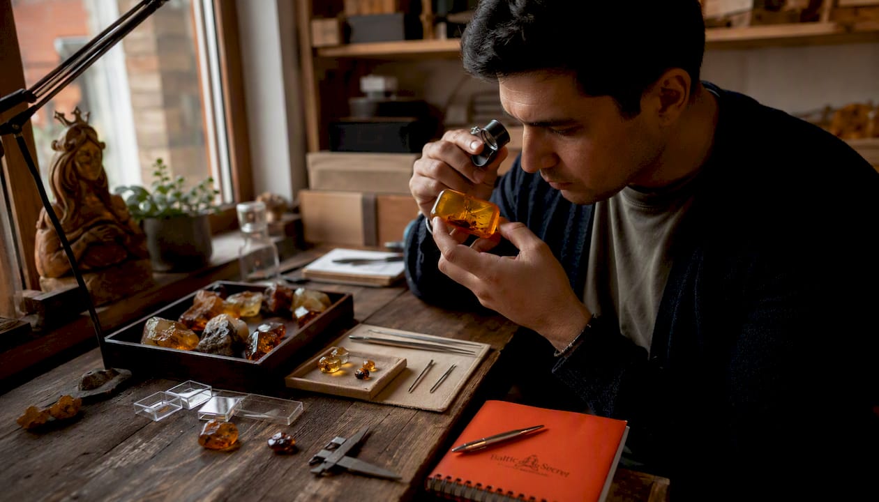 Hands inspecting Baltic amber under loupe