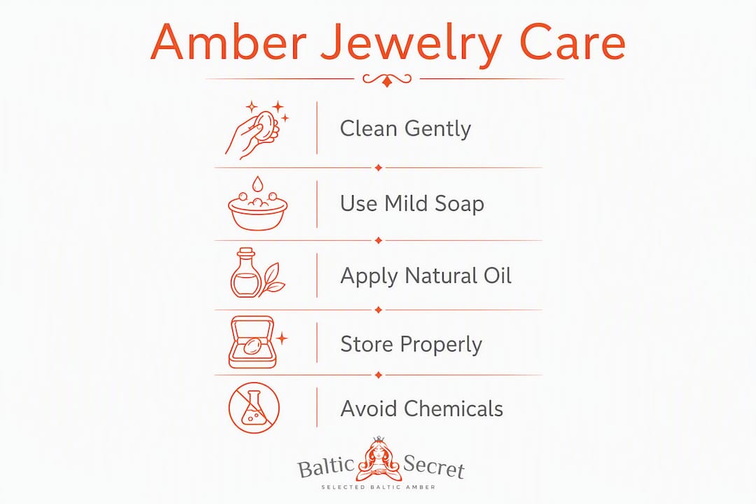 Infographic on Baltic amber jewelry care steps