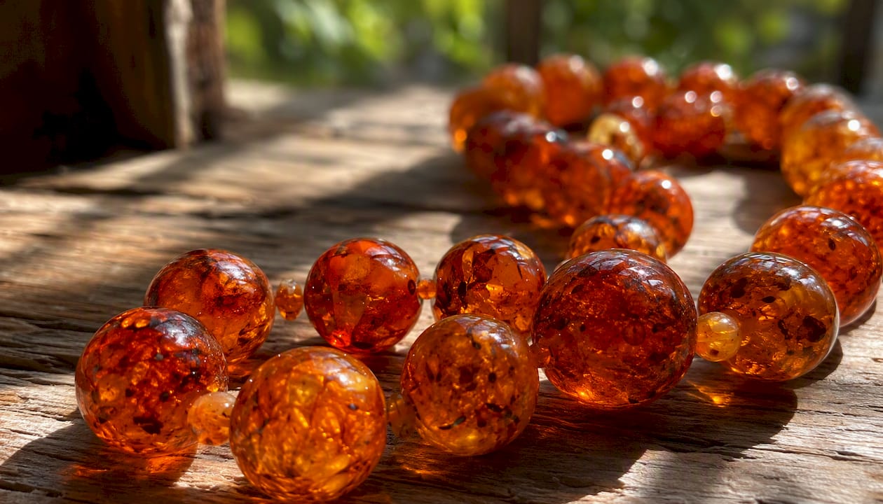 Close-up of large cognac amber beads