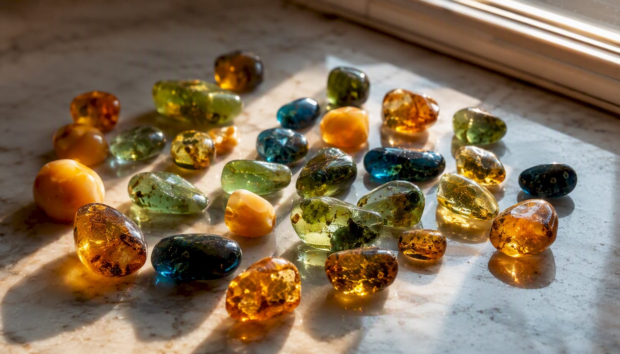 Polished green, blue, and butterscotch amber stones