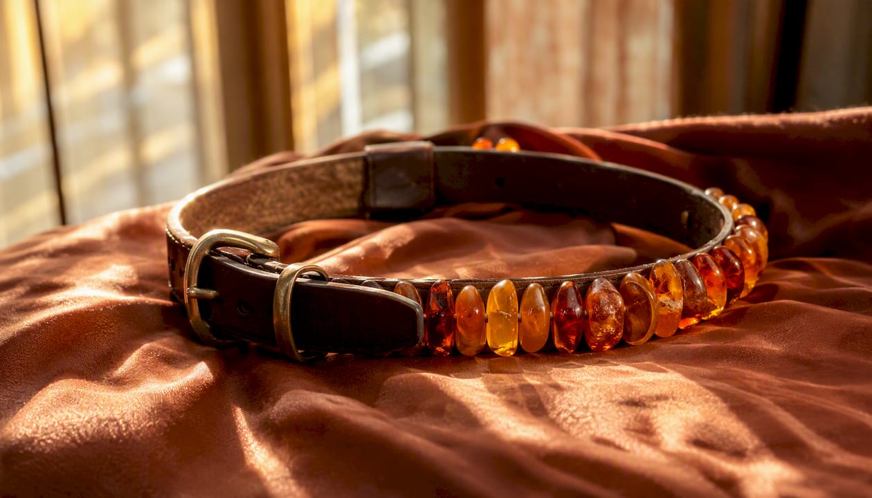 Amber beads on leather strap collar