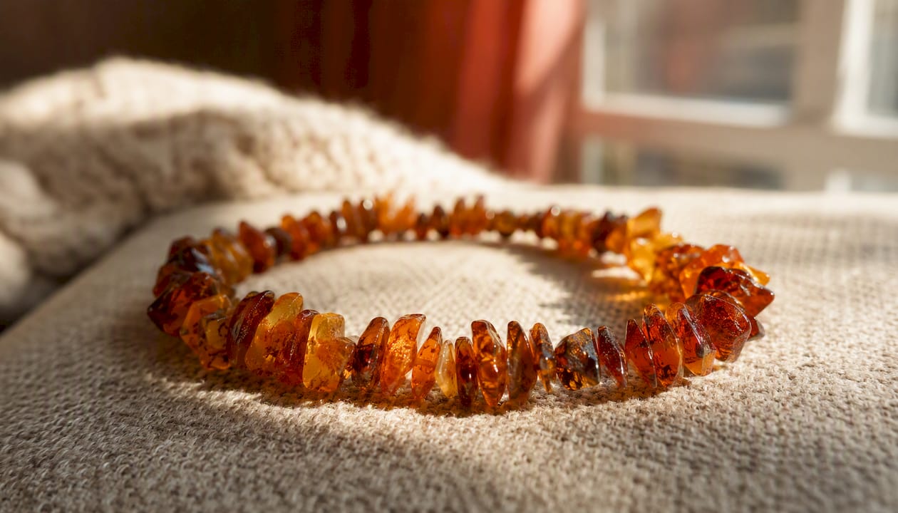Raw chip amber collar close-up on wood