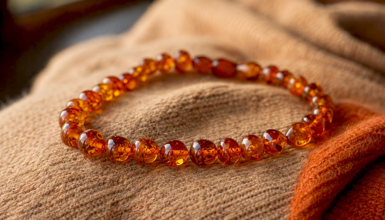 Polished amber bead collar close-up