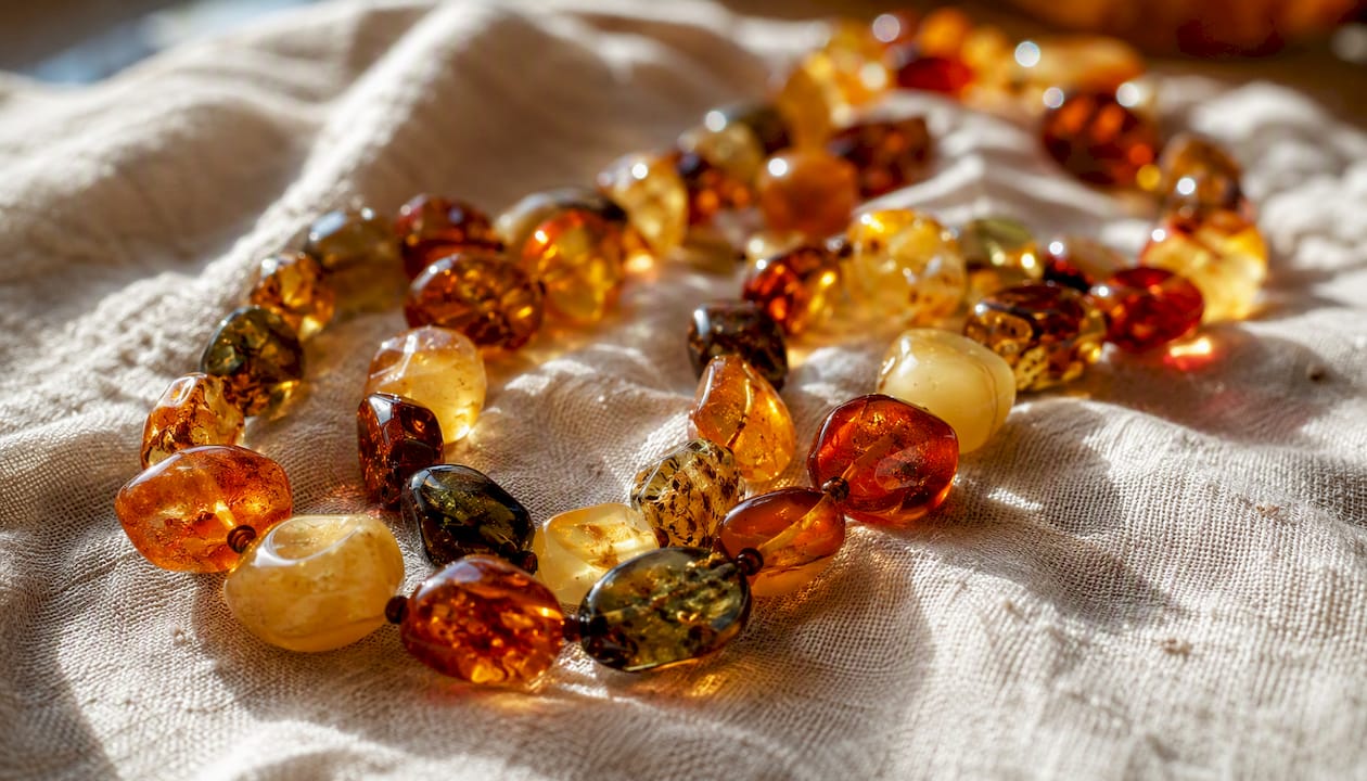 Close-up of multicolored amber beads on linen