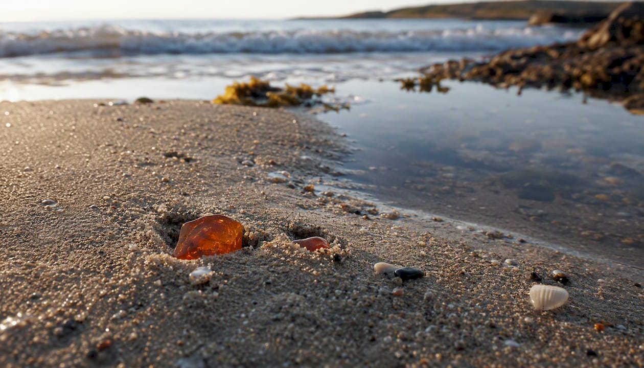 Amber jewelry near sand and water at beach