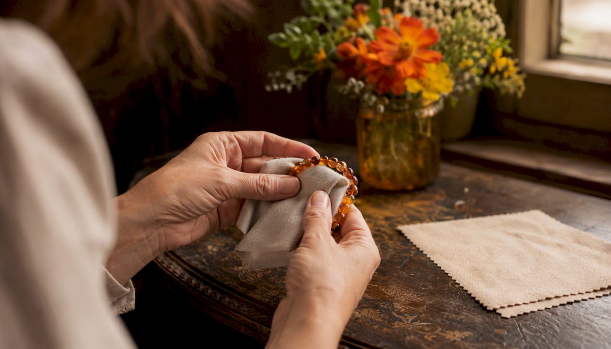 Hands cleaning amber jewelry with soft cloth