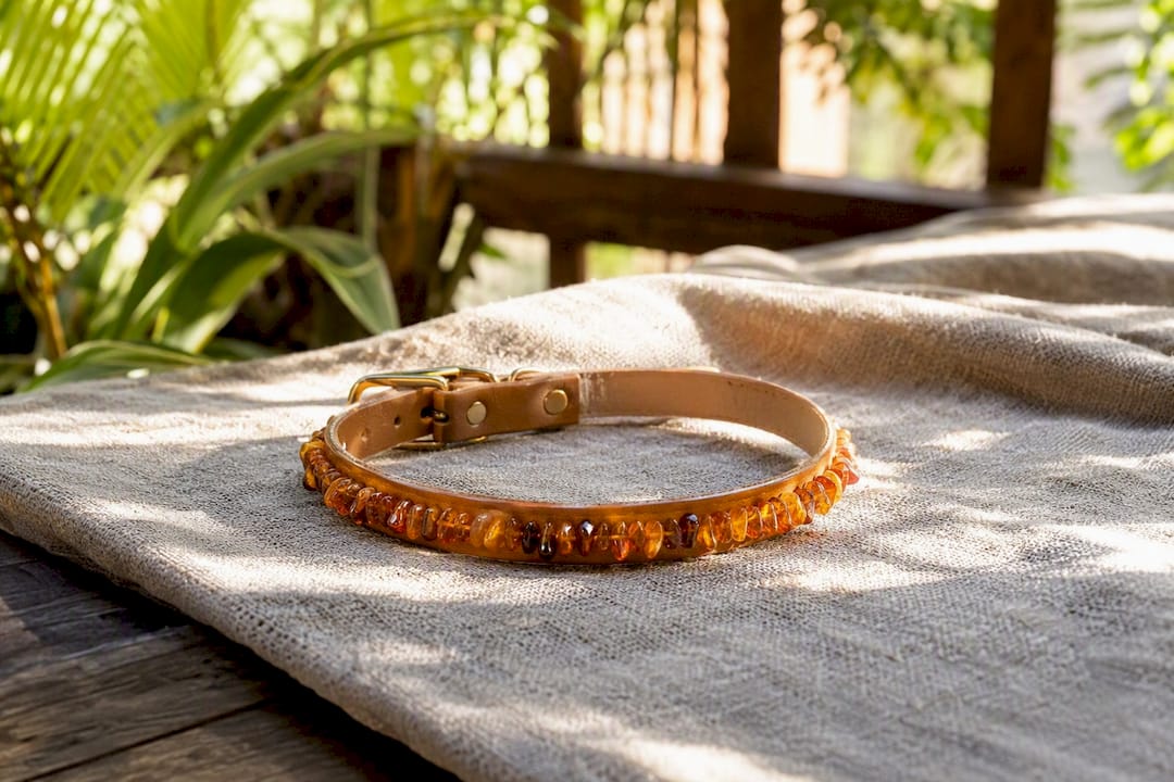 Amber dog collar on woven fabric
