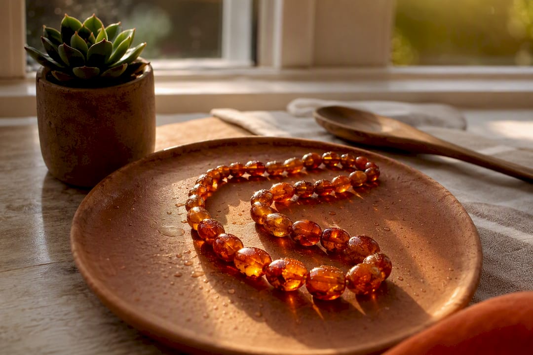 Amber necklace drying on linen cloth