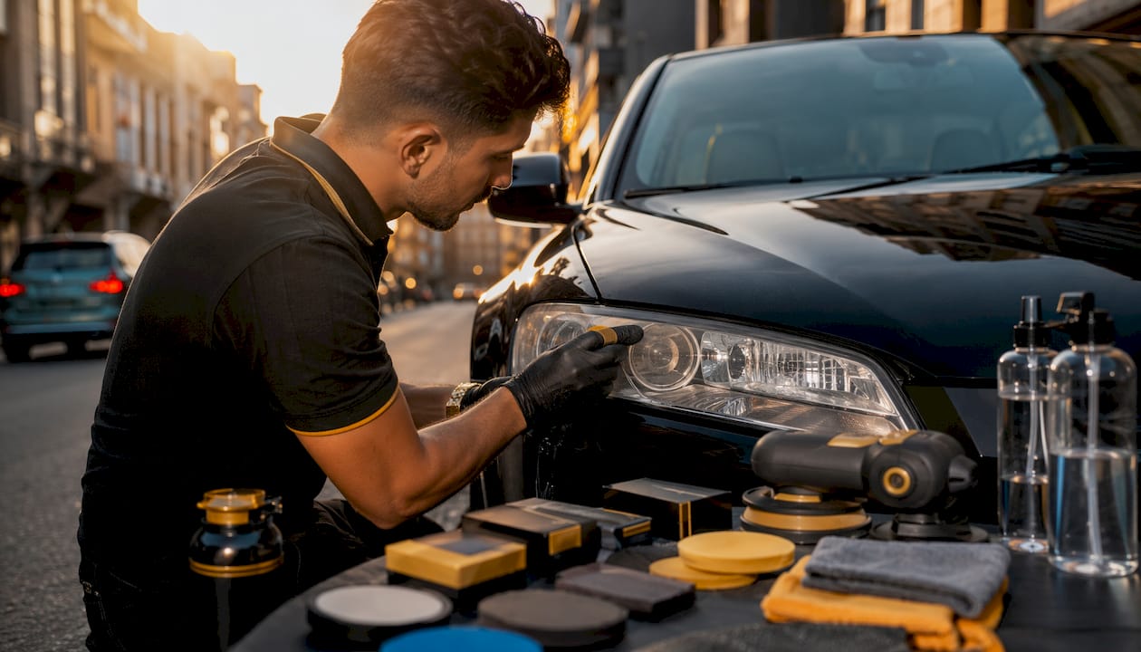 Detailed restoration tools arranged on car hood