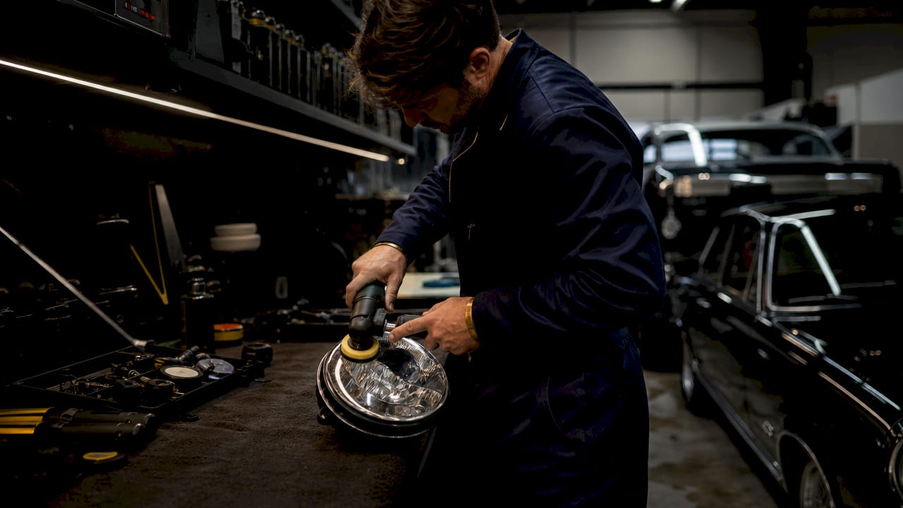 Technician polishing headlight in workshop