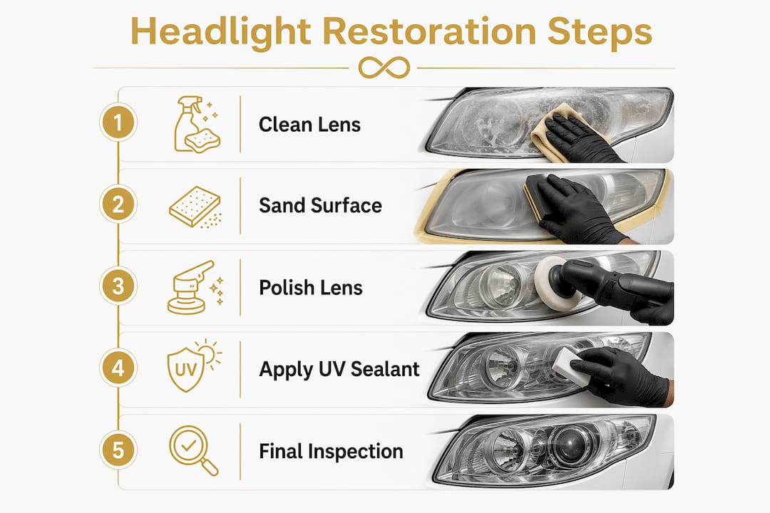 Infographic showing step-by-step headlight restoration process