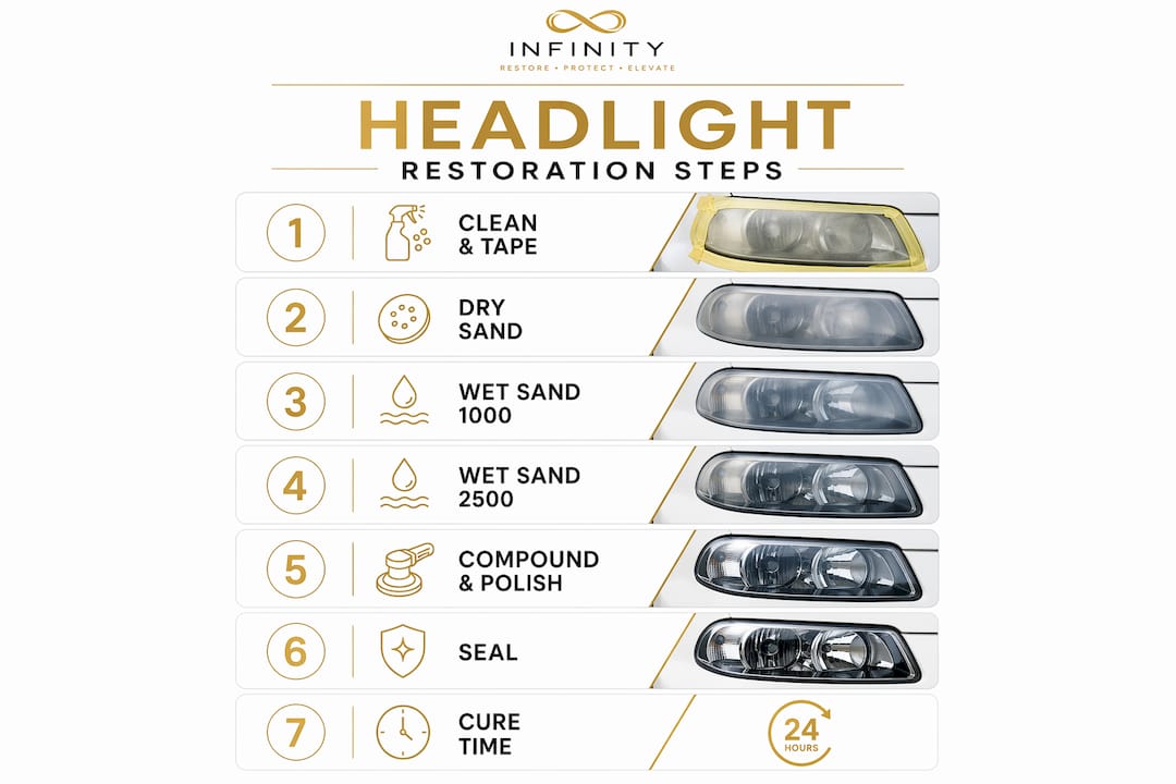 Infographic showing steps to restore yellow headlights