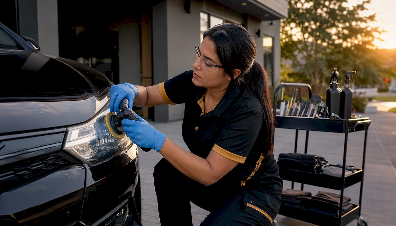 Technician polishing headlight at mobile service