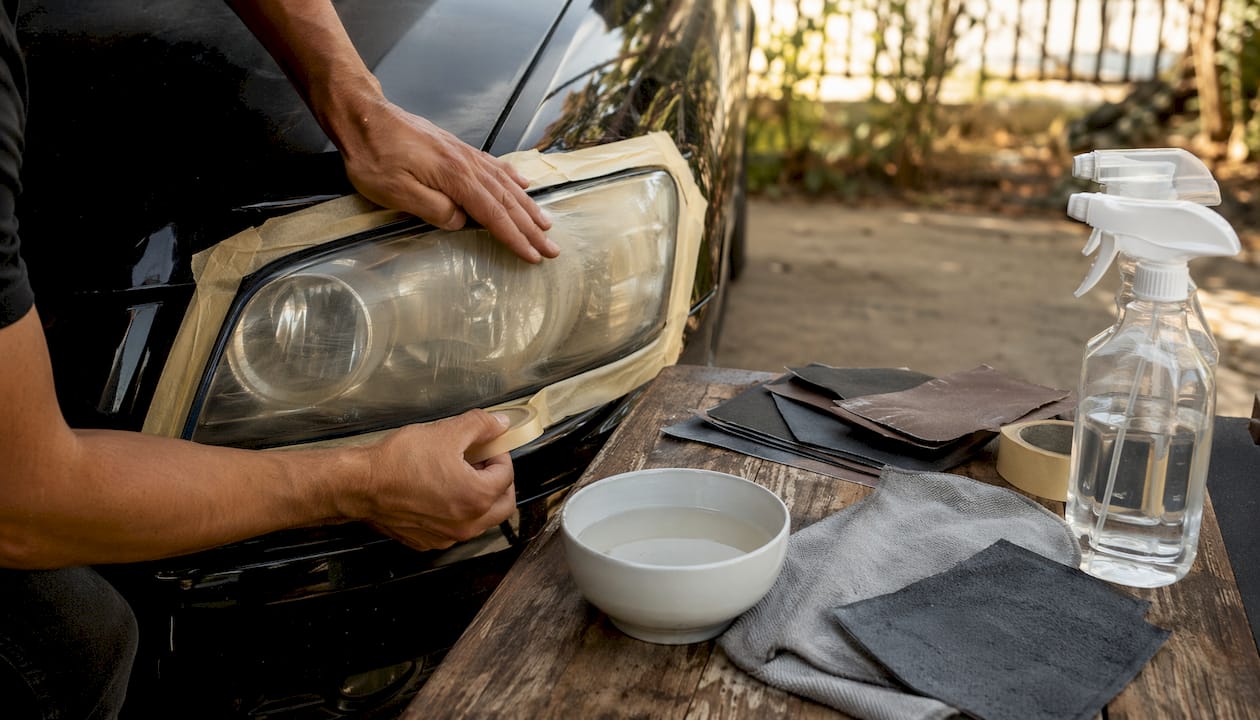 Hands taping and prepping yellowed headlight