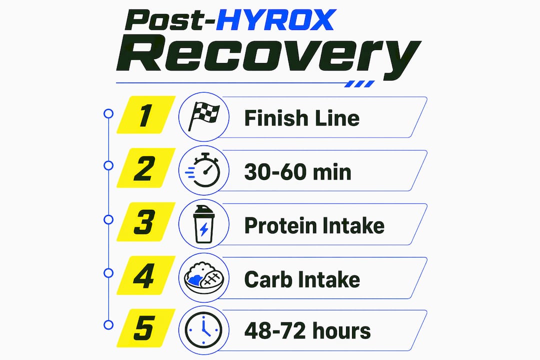 Infographic illustrating post-HYROX nutrition timing and targets