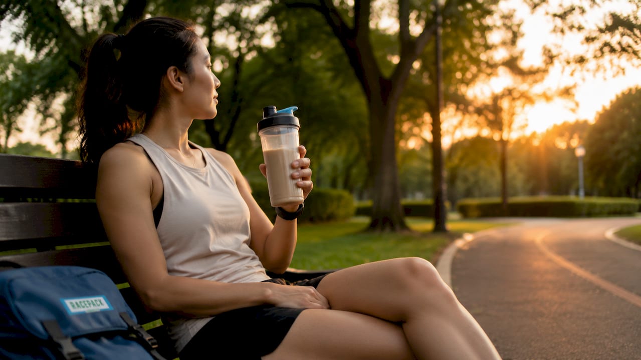 Athlete holding whey protein shake in locker room