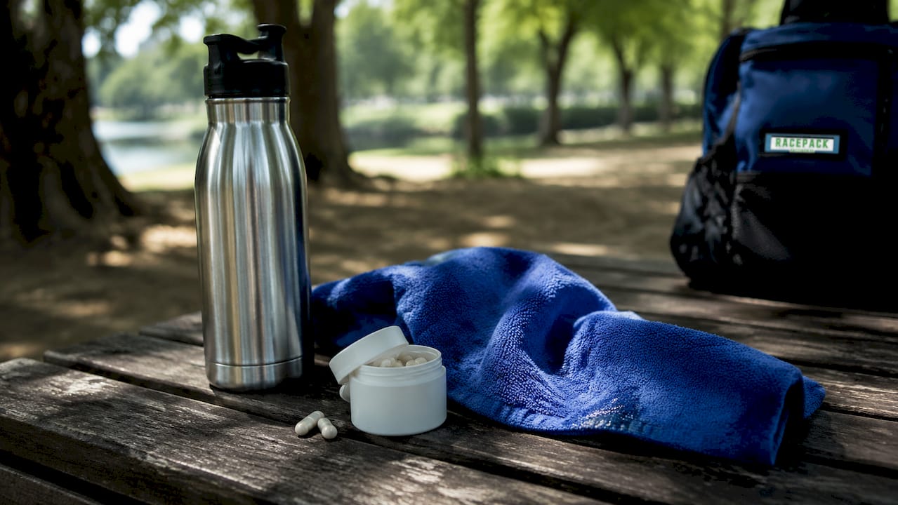 Hydration gear including electrolyte capsules on table