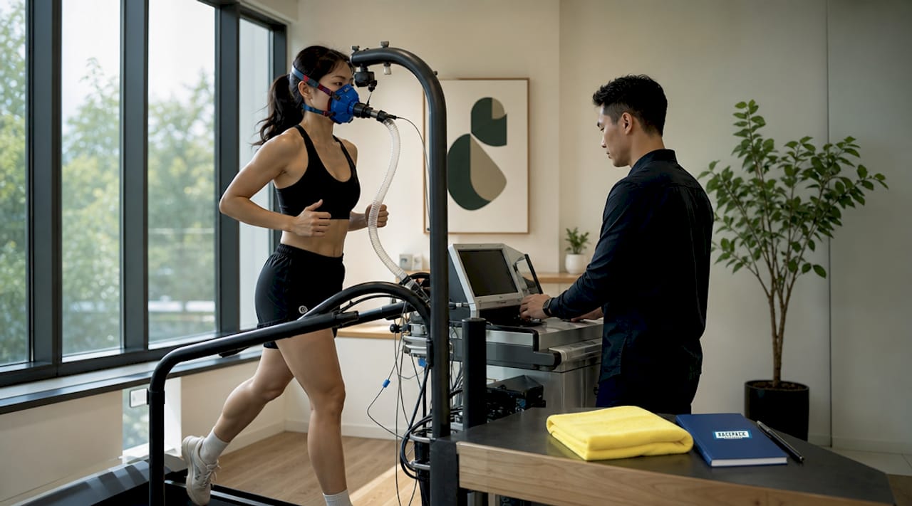 Female athlete undergoing treadmill VO2 max test in lab