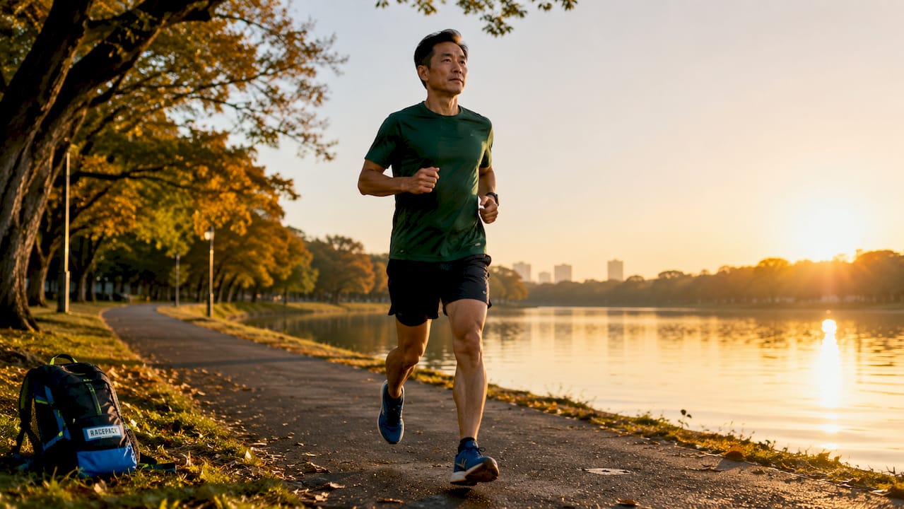 Middle-aged man running on urban trail focusing on pacing