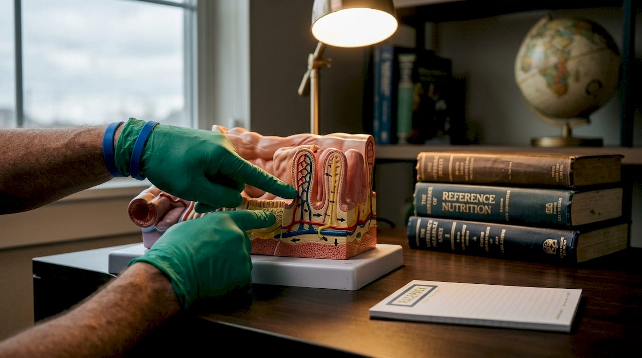 Hands pointing at small intestine anatomy model in lab