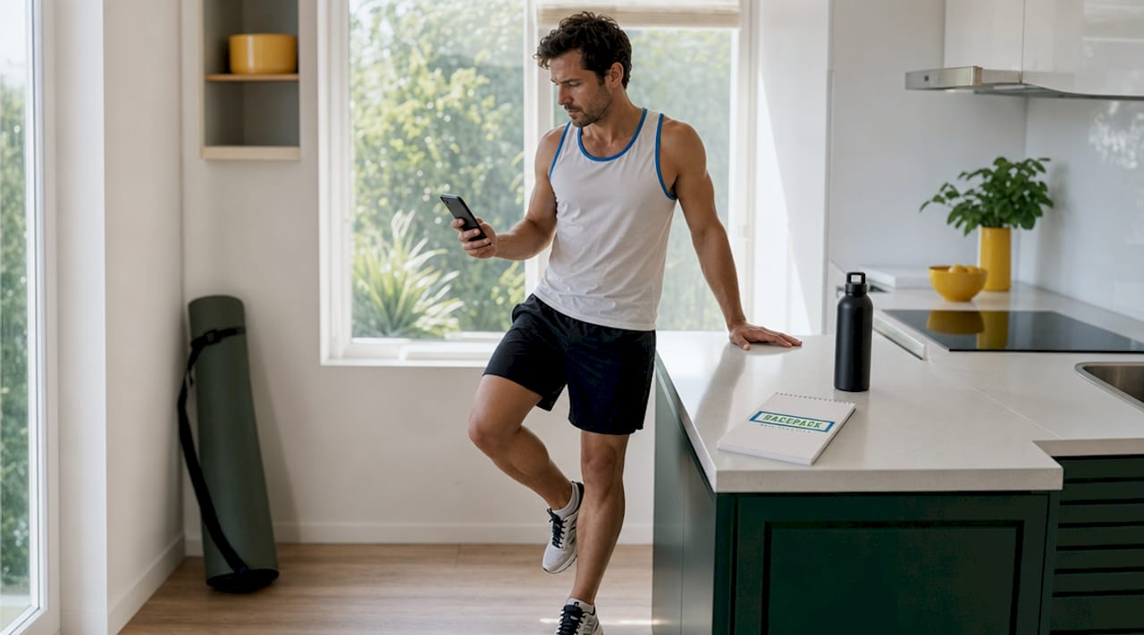 Man measuring running cadence using smartphone app